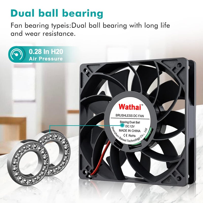 Wathai 120mm x 25mm 12V High Pressure CFM Fan Dual Ball High Speed DC Brushless Cooling Fan - Image 3